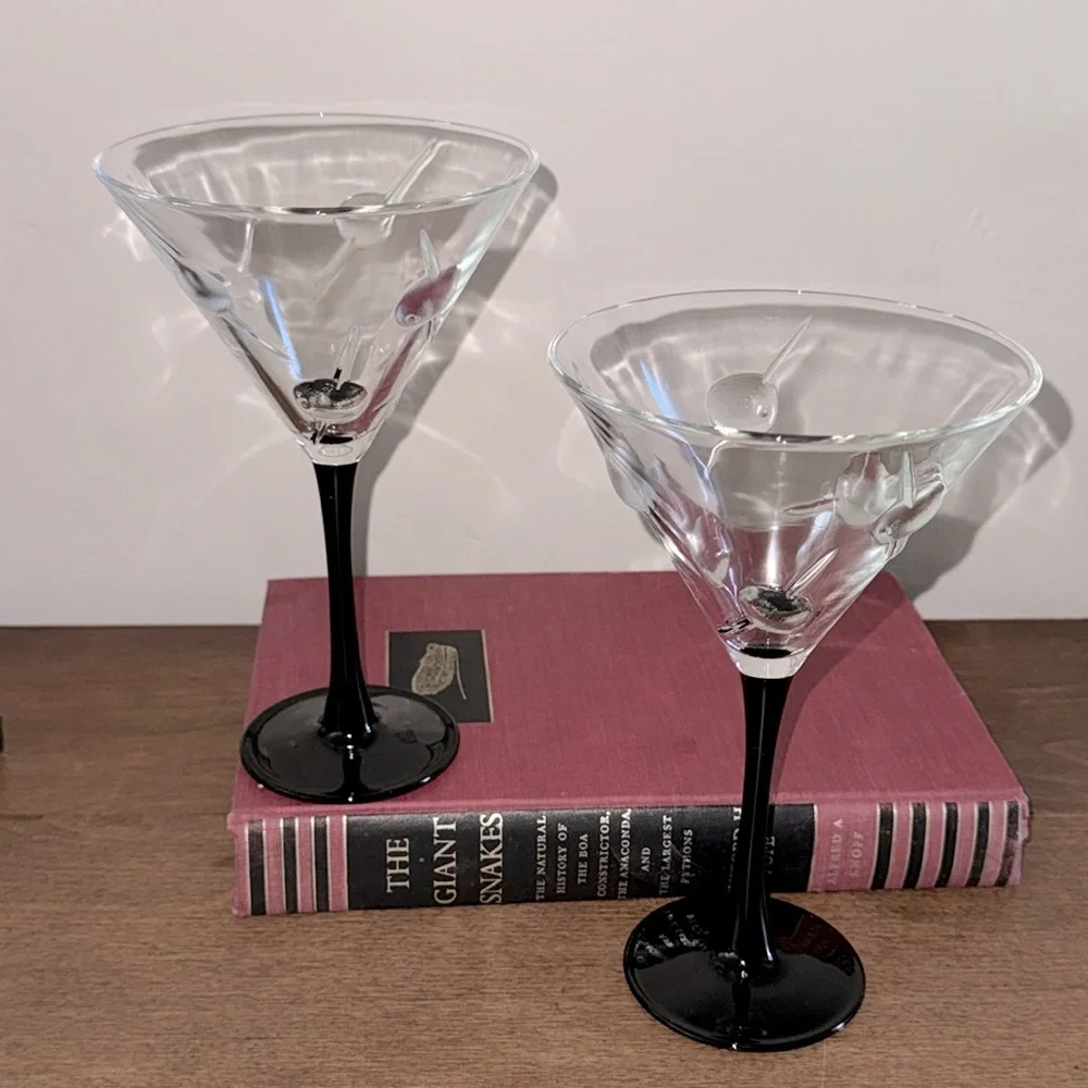 Vintage Barware Retro Raised Olive Martini Glass Set Clear Glass Black Stem